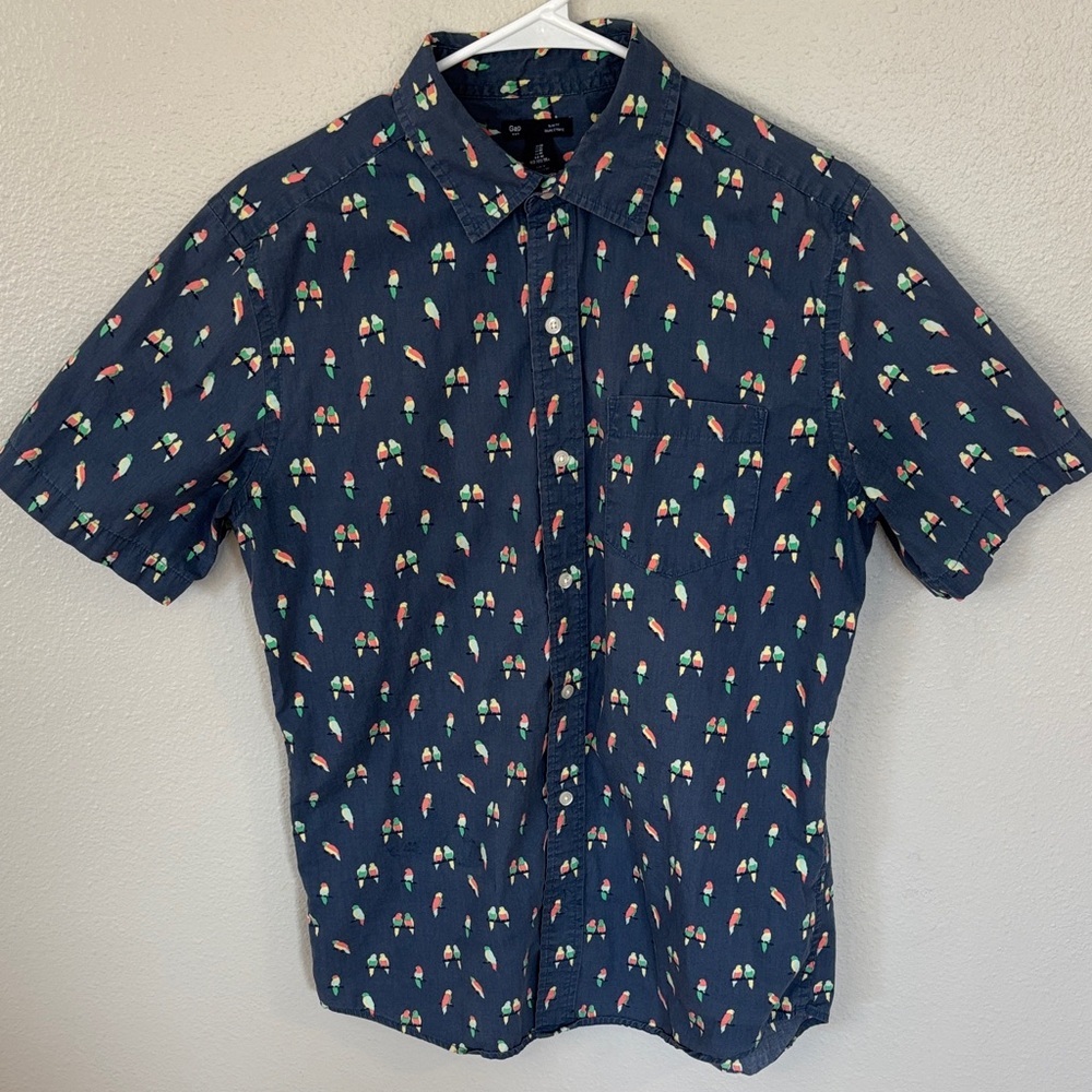 8- GAP Dark Blue Shirt with Colorful Parrot Pattern
